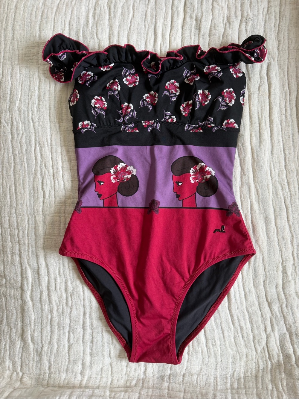 Morgan Lane Floral Ruffle One-Piece Swimsuit in Black, Purple & Red